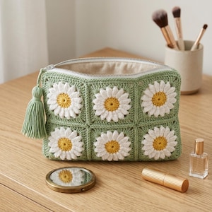Neceser de maquillaje de ganchillo hecho a mano, neceser de cosméticos personalizado, bolsa con cordón personalizada, bonito organizador de viaje, regalo para ella.