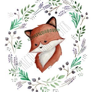 PRINTABLE Floral Wreath Fox Watercolor Painting , Digital Download Art Print image 2