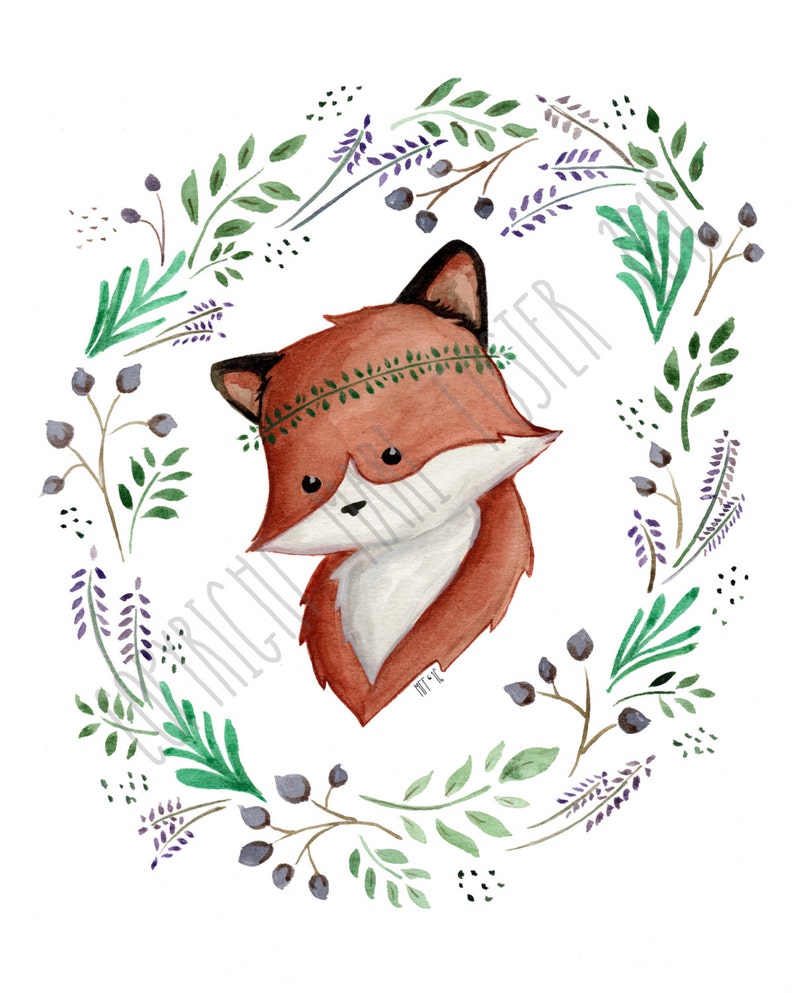 PRINTABLE Floral Wreath Fox Watercolor Painting , Digital Download Art Print image 2