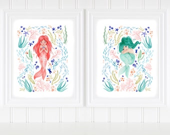 PRINTABLE - 5 x7 Mermaid Sisters, Set of 2 Downloadable Prints watercolor colorful undersea ocean underwater mermaids nautical nursery art