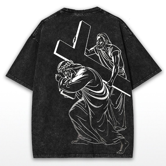 Jesus Carrying Cross Tee: Washed Black Faith Graphic, Oversized