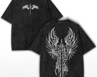 Oversized Angel Sword Graphic Tee: Vintage Washed Heavy Cotton Faithcore Shirt