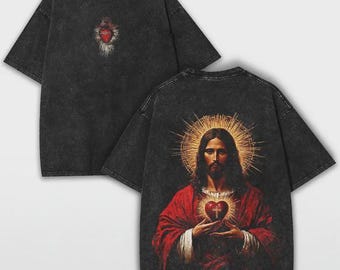 Jesus Sacred Heart Vintage Washed T-Shirt | Double Printed Christian Streetwear Tee