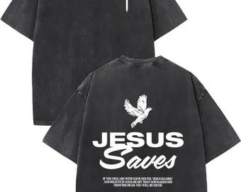 Jesus Saves Vintage Washed T-Shirt | Double-Sided Christian Graphic Tee
