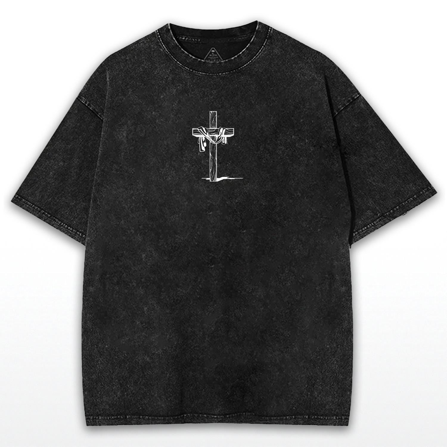 Jesus Carrying Cross Tee: Washed Black Faith Graphic, Oversized