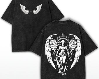 Oversized Angel Guardian Tee: Vintage Washed Heavy Cotton Gothic Shirt