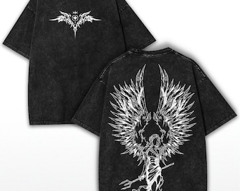 Fallen Angel Oversized Tee: Washed Gothic Streetwear with Winged Graphic