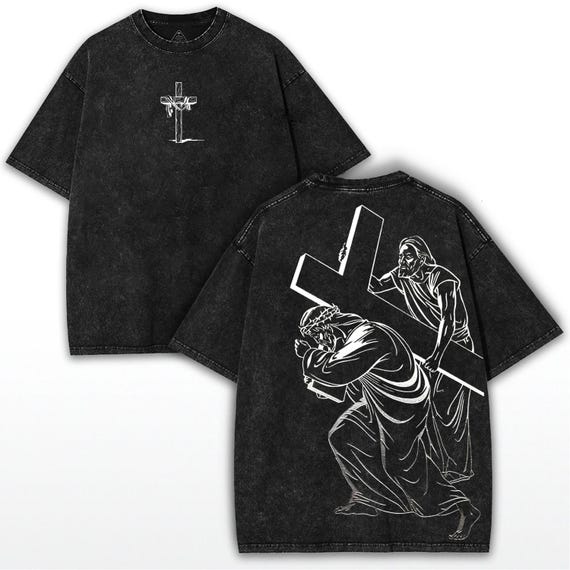 Jesus Carrying Cross Tee: Washed Black Faith Graphic, Oversized