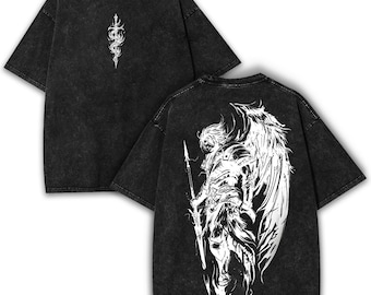 Gothic Angel Warrior Graphic Tee: Oversized Heavy Cotton, Vintage Wash