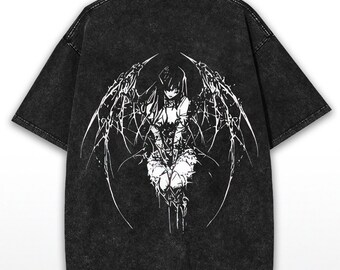 Gothic Y2K Angel Oversized Tee: Washed Black Anime Shirt - Etsy