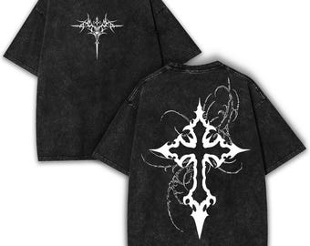 Gothic Cross Oversized T-Shirt: Dark Faith Washed Heavy Cotton Tee