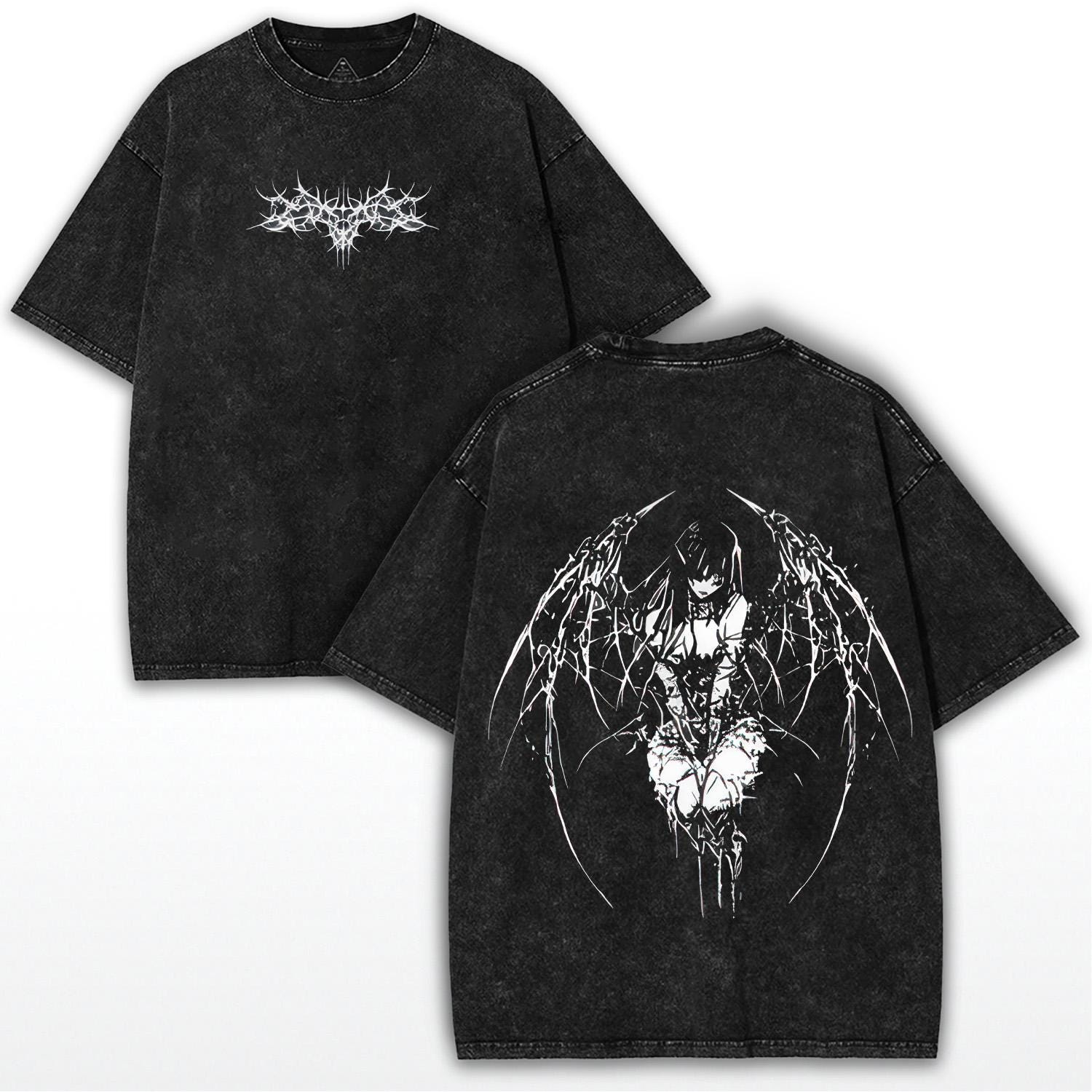 Gothic Y2K Angel Oversized Tee: Washed Black Anime Shirt - Etsy