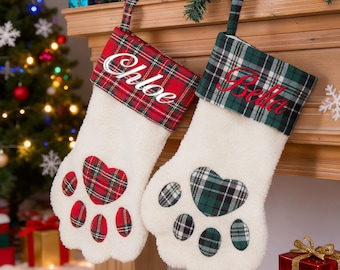 Embroidered Paw Christmas Stocking: Personalized Linen Pet Xmas Stocking