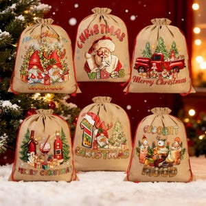May include: Six burlap Christmas gift bags with red drawstrings. Each bag features a different festive design, including gnomes, Santa Claus, a red truck, wine bottles, and snowmen. The bags have various text, including "Merry Christmas" and "Current Mood".