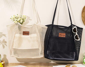 Borsa da spiaggia personalizzata: in rete di nylon anti-sabbia, pochette da spiaggia per damigella d'onore, borsa estiva con inserti in pelle.