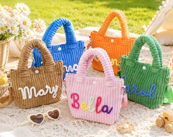 Personalized Corduroy Crossbody Bag, Name Bucket Crossbody Handbags, Baby Shower Gift, Toddler Girl Purse