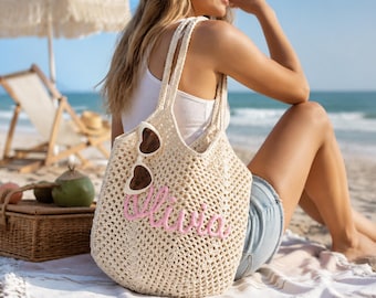 Personalisierte Strand Tragetasche, häkeln Name Reisetaschen, Brautjungfer Strand Tragetaschen, Bachelorette Reise Geschenk