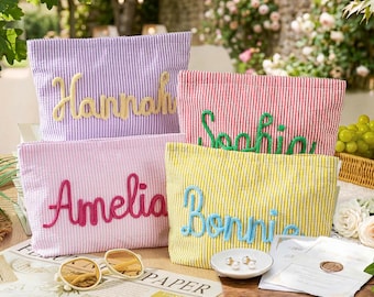Custom Seersucker Makeup Bag, Personalized Chenille Name Bags, Summer Beach Bag, Vacation Travel Pouch