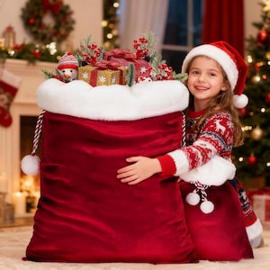 May include: A large, red velvet Christmas sack with a white faux fur trim, filled with gifts and decorations. A child in a Santa hat and festive sweater embraces the sack, creating a joyful scene.