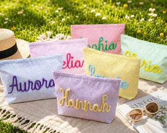 Custom Seersucker Makeup Bag, Personalized Chenille Name Bags, Summer Beach Bag, Vacation Travel Pouch