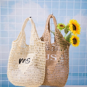 Custom Raffia Beach Tote- Custom Initials Handle Bag, Embroidered Raffia Beach Bag, Girls Travel Tote, Bachelorette Party Gift Bag for Her