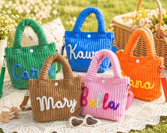 Personalized Corduroy Crossbody Bag, Name Bucket Crossbody Handbags, Baby Shower Gift, Toddler Girl Purse