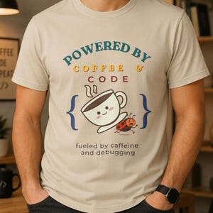 May include: A beige short-sleeve t-shirt featuring the text POWERED BY COFFEE & CODE, a graphic of a smiling coffee cup, a small ladybird, and the text fueled by caffeine and debugging, framed by blue curly brackets on the front of the garment.