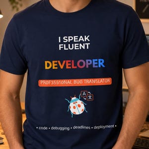 May include: A navy blue short-sleeved t-shirt featuring the white text I SPEAK FLUENT, the word DEVELOPER in a rainbow gradient, and an orange bar with the text PROF35510NAL BUG TRANSLATOR. Below is a ladybug graphic and the words code, debugging, deadlines, deployment.