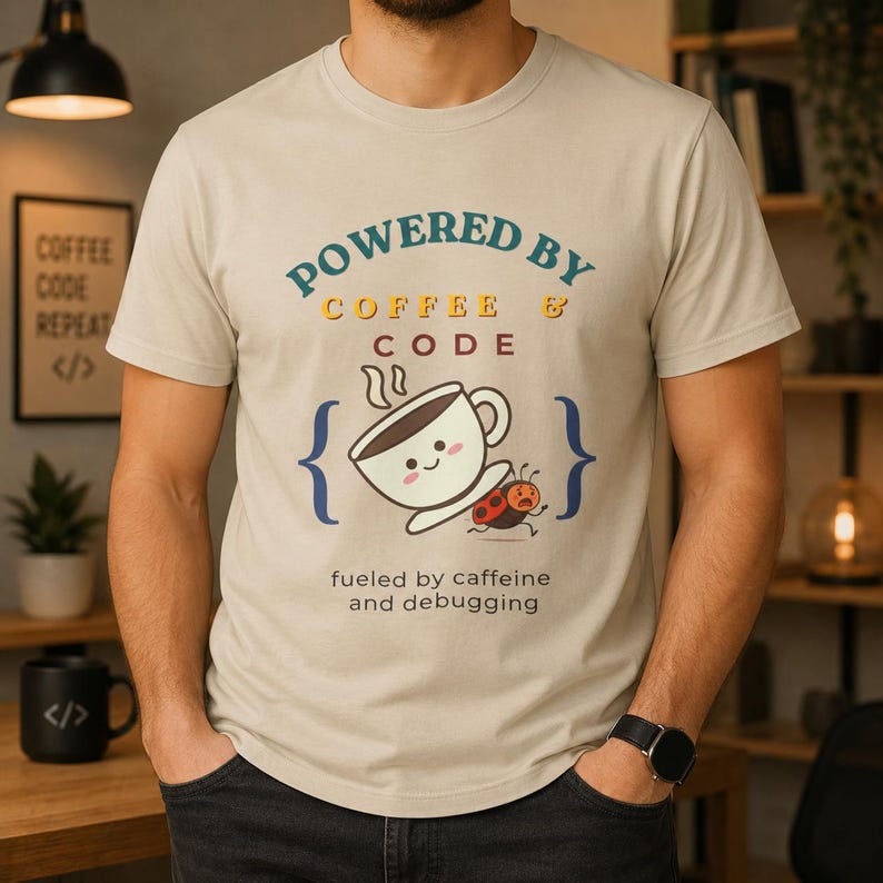 May include: A beige short-sleeve t-shirt featuring the text POWERED BY COFFEE & CODE, a graphic of a smiling coffee cup, a small ladybug, and the text fueled by caffeine and debugging, framed by blue curly brackets on the front of the garment.