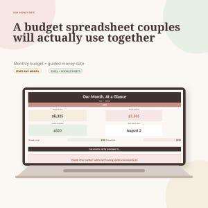 Op de afbeelding: Een digitaal budgetoverzicht voor koppels weergegeven op een laptopscherm. De interface bevat secties met de titels Our Month, At a Glance, July, Actual Income $8,325, Actual Outflow $7,505, Actual Remaining $820 en Next Money Date August 2.