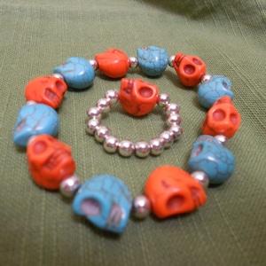 Skull Jewelry Set Orange & Blue Stone Bracelet /Ring Turquoise Howlite Carved Stone With Tibetan Silver Bead Accents
