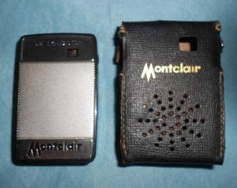 Mini Transistor Radio 3-3/4 x 2-1/2  Inch "Montclair" Vintage Working Japanese Black Case Silver Mesh Grill Pocket Model In Leather Case 60s