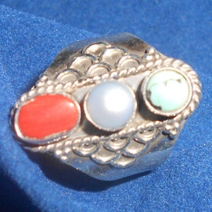 Turquoise Cigar Band Ring- Red Coral & Pearl Tibetan Tribal Style Natural Stone Ring- Vintage 80s Sterling Jewelry