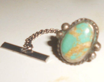 Cerillos Turquoise Tie Tack Harvey Era Southwestern Wear Turquoise Beauty With Safety Back & Button Hole Chain