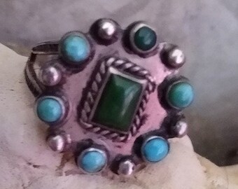 Fred Harvey Era Ring Green & Blue Turquoise OLD Navajo Multi-stone