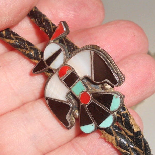 Zuni Peyote Bird Bolo Tie Antique Sterling Mosaic Turquoise Thunderbird Western Wear w/ Black Leather-Beautiful Authentic Multi-Gemstone