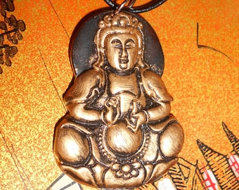 Jade Buddha Kwan-Yin Carved Amulet Pendant Necklace With Gold Leaf and Distressed Finish on High Relief Detail