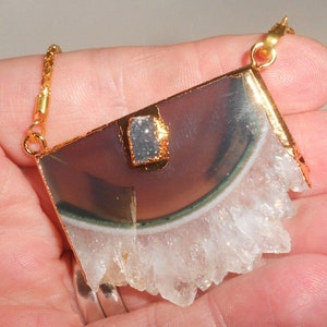 Amethyst & Quartz Slice Necklace Gilded Gold Amulet With Druzy Accent Very Earthy And Moon Energized