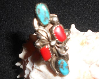 Kingman Turquoise & Coral Statement Ring Navajo Hand Made Natural Stone Ring- Vintage 70s Native American Silver Unisex Jewelry Size 7