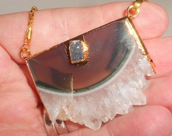 Amethyst & Quartz Slice Necklace Gilded Gold Amulet With Druzy Accent Very Earthy And Moon Energized