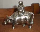 Chinese Incense Burner Unusual 60s Brass Animal Form Featuring Lidded quot Lao Tzu Riding an Ox quot - Rare Vintage Curio Mythical Figure