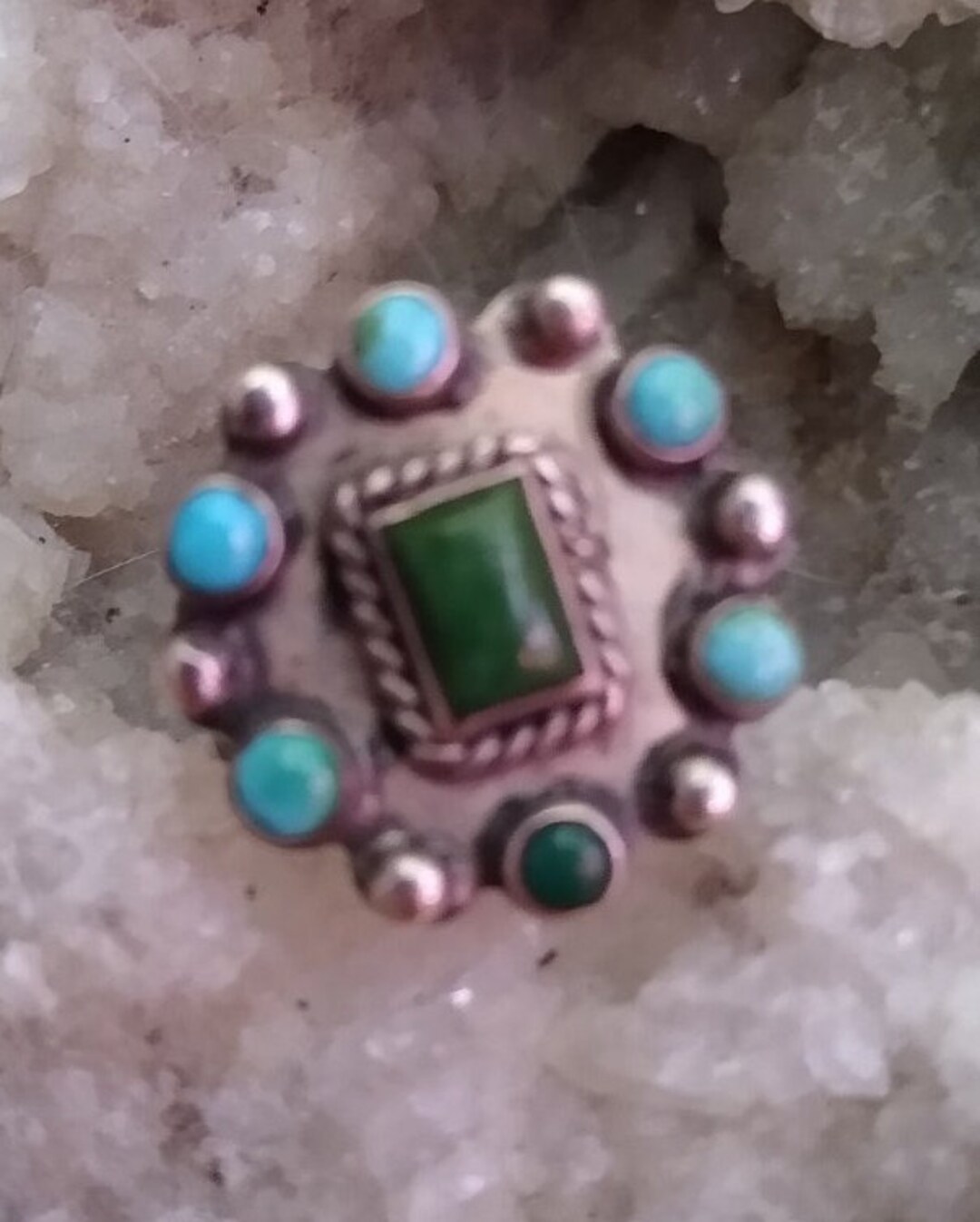 Fred Harvey Era Ring Green & Blue Turquoise OLD Navajo Multi-stone