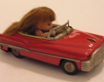 Tin Red Chevy w/Driver Haji Japanese FrictionToy Car Litho Painted Lots of Great Detail Automotive Collectible Man Toy