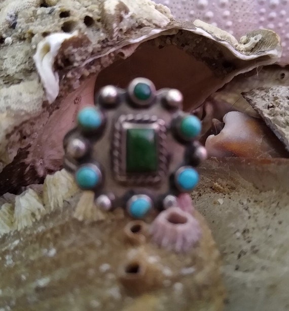 Fred Harvey Era Ring Green & Blue Turquoise OLD Navajo Multi-stone