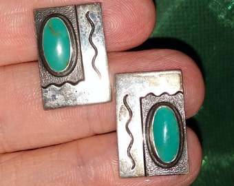 Hopi Turquoise Cuff Links Modernist Layered Sterling  & Green Cerrillos Mined Stone -Southwestern Elegance Perfect For Weddings