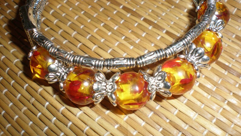 Amber Bracelet Lovely Art Glass Tribal Style Beaded Tibetan Silver Bangle