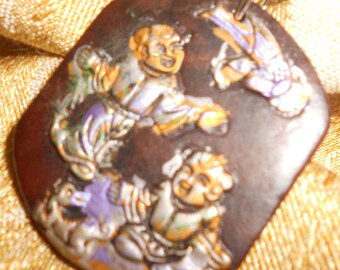 Carved Jade Pendant Auspicious Gods-Celestial Amulet-Harmony Baby Dragon & Gods Hand Painted Detail On High Relief Detail