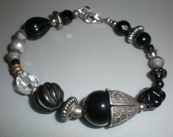 Onyx Acorn Bracelet Silver Celtic Black Beaded Assemblage- Earthy, Pagan, And Grounding Stunner