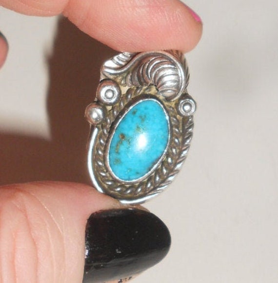 Deepset Bisbee Turquoise Vintage Native American Jewelry Navajo Sterling Silver Ring Old Deepset Bisbee Turquoise Vintage Native American Jewelry Navajo Sterling Silver Ring Old