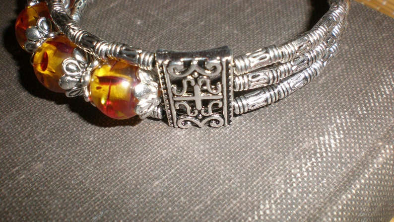 Amber Bracelet Lovely Art Glass Tribal Style Beaded Tibetan Silver Bangle